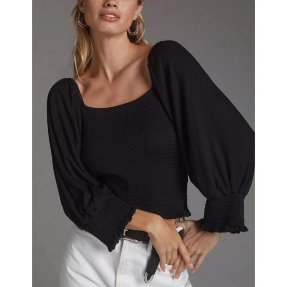 Anthropologie Black Smocked Puff-Sleeve Cropped Top Size S - Picture 1 of 10